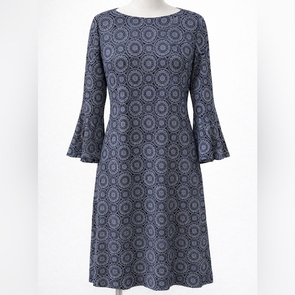 Tommy Hilfiger Medallion Print Sheath Dress Navy White Bell Sleeve Size 8